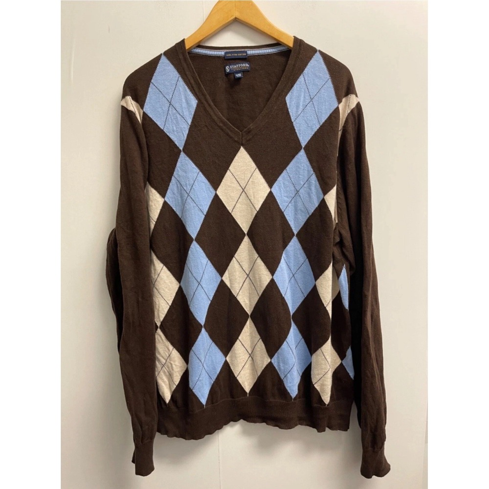 Stafford Signature Men's Size XL Argyle Pima Cotton Sweater‎ Pullover Eton Brown